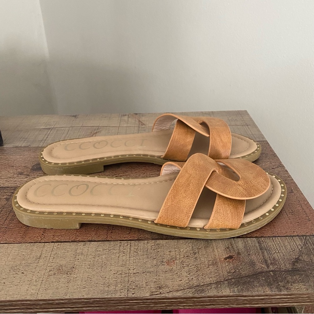 CCOCCI Tan Leather Slide Sandals